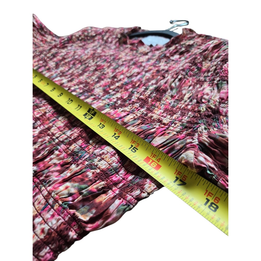 Merlette Smocked Peplum Top Burgundy Pink Abstract Floral Mock Neck Blouse - Picture 5 of 10